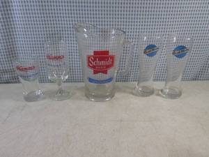 lot 174 image: (CS) 2 Hamms Beer Glasses, Schmidt Beer Pitcher and 2 Blue Moon Beer Glasses