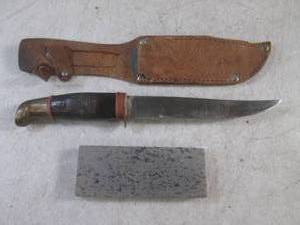 lot 208 image: (BSB) Vintage 9 12 Fixed Blade Knife with Sheath and Sharpening Stone