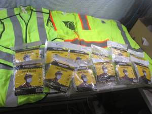 lot 228 image: (EW3) 12 - 5-Pack Firm Grip Reusable Face Masks and 3 Reflective Safety Vests Sizes LXL  XL  One Size Fits Most