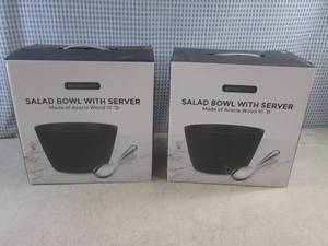 lot 232 image: (F-0) 2 - 10 Acacia Wood Salad Bowls with Server - New