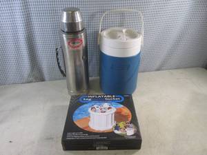 lot 238 image: (F-0) Inflatable Keg Kooler, Thermos and Coleman Beverage Cooler
