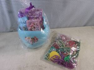 lot 239 image: (F-0) Disney Princess Gift Basket and Bag of Colored Bead Necklaces