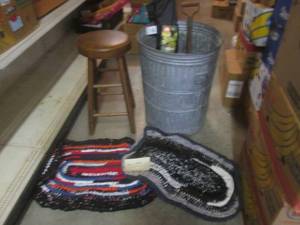 lot 243 image: (BR1) 2 Hand Made Rugs, Vintage Trash Can, Portable Folding Chair, Stool Etc