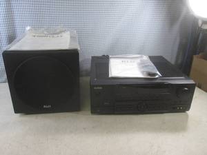 lot 251 image: (EC1) KLH R5100 Audio Video Receiver with Remote and Manual and KLH HTA-6108 Subwoofer with Manual - Both Power On
