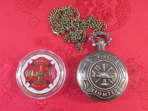 lot 258 image: (CNTR) Fire Fighter Pocket Watch and Fire Rescue CoinToken