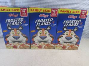 lot 299 image: (C-2) 3 Family Size Boxes of Frosted Flakes Cereal Past Date