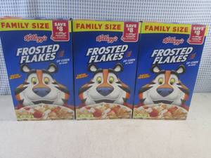 lot 300 image: (C-2) 3 Family Size Boxes of Frosted Flakes Cereal Past Date