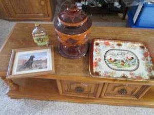 Carved wood urn, metal tray framed ...