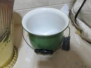 Coal bucket, Enamelware pot rolling trash can base and stool