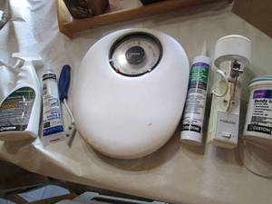 random bin wbathroom scale, sealer...