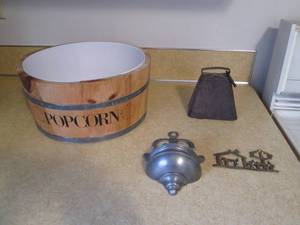Popcorn bowl, cast cow bell and dec...