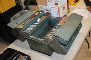 lot 107 image: Metal Tool Box with Assorted Hand Tools, Fasteners, Wire Caps