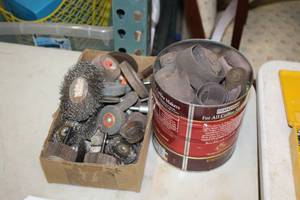 lot 109 image: Lot of (1 Box) Assorted Grinding WheelsDiscs, Wire Wheels, Can of Sanding Rolls