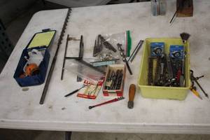 lot 126 image: Assorted Drilling  Boring  Machining Bits and Accessories and Hand Tools with Tote Bin