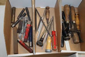 lot 201 image: Lot of (1 Box) Assorted Hand Tools - Rivet Setters, Knives, Picks