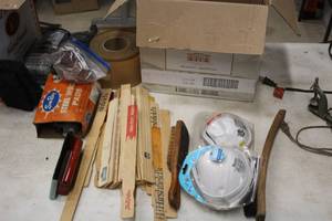 lot 198 image: Assorted SandingScrubbing Supplies - Sandpaper Roll, Stir Sticks, Steel Wool, Masks, Copper Mesh, Brushes