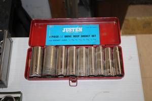 lot 279 image: Justen 12-drive Deep Socket Set 9-piece with Red Metal Case