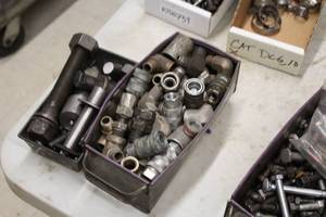 lot 335 image: Lot of (2 Bins) Hardware - Assorted Nuts, Bolts, Spacers and Hydraulic Fittings