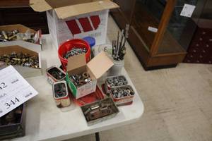 lot 344 image: Lot of (1 Box) Several Containers of Misc. Hardwares - Nuts, Bolts, Screws, Lug Nuts