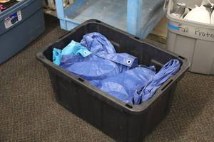 lot 25 image: Lot of (6) Assorted Tarps with Tote Bin
