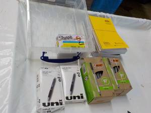 Plastic Drawer, Notebooks Unipens and Bic Pens and Sharpies