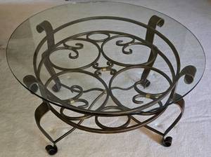 lot 24 image: Unique Crate & Barrel Wrought-IronGlass Coffee Table