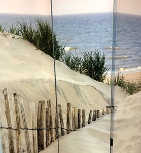 lot 99 image: Double Sided Beachside Scene Three Panel Canvas Screen