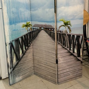 lot 166 image: Double Sided Seaside Three Panel Canvas Screen