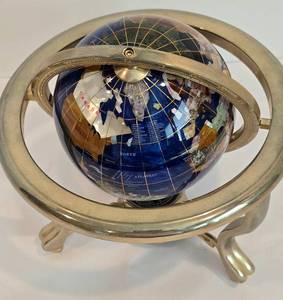 lot 122 image: Vintage Brass Globe with Semi-precious Stone Inlay
