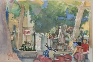 lot 215 image: Original Signed Cerda Watercolor Cafe Scene