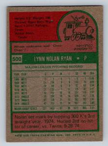 lot 36 image: Nolan Ryan 1975 Topps #500 Vintage Baseball Card
