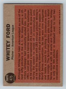 lot 52 image: Whitey Ford 1962 Topps Sporting News All-Star #475 Vintage Baseball Card