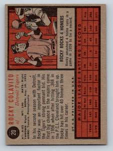 lot 65 image: Rocky Colavito 1962 Topps #20 Vintage Baaseball Card