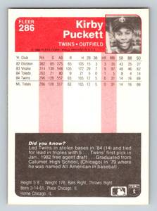 lot 15C image: Kirby Puckett RC 1985 Fleer #286 Vintage Rookie Minnesota Twins Baseball Card