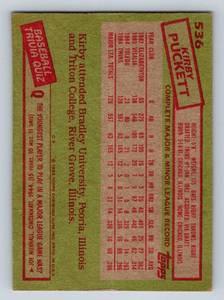 lot 16C image: Kirby Puckett RC 1985 Topps #536 Vintage Rookie Minnesota Twins Baseball Card
