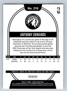 lot 15B image: Anthony Edwards RC 2020-21 Hoops #216 Rookie Minnesota Timberwolves Basketball Card