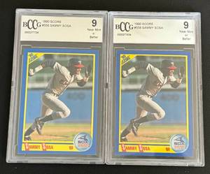 lot 34C image: (2) Sammy Sosa RCs BCCG Graded 9 NM 1990 Score #558 Rookie Baseball Cards