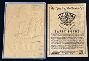lot 29C image: Barry Bonds 23kt Gold Sculptured Card 1997 Bleachers Card with COA - Baseball