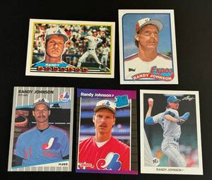 lot 26C image: Randy Johnson 5 Card RC Lot - Topps, Leaf, Donruss, Fleer Baseball Rookie Cards