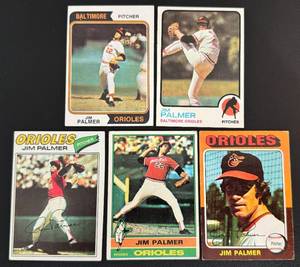 lot 76 image: Jim Palmer 5 Card Lot - 1973  1974  1975  1976  1977 Vintage Baseball Cards
