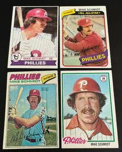 lot 77 image: Mike Schmidt 4 Card Lot - 1977  1978  1979  1980 Vintage Baseball Cards