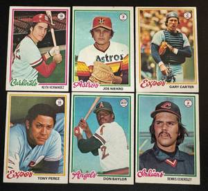 lot 84 image: 1978 Topps 6 Card Star Lot - Gary Carter, Dennis Eckersley, Keith Hernandez, Joe Niekro, Tony Perez, Don Baylor Vintage Baseball Cards
