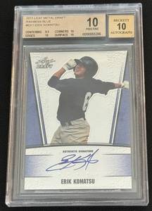 lot 39B image: Erik Komatsu Graded 10 Pristine Card  10 Auto 25 - 2011 Leaf Metal Draft Rainbow Blue #EK1 Rookie Baseball Card