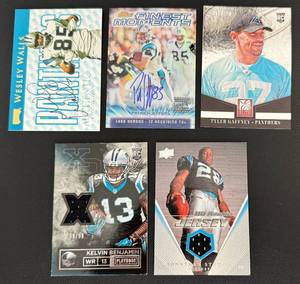 lot 27B image: 6 Carolina Panthers Autos, Relics, Numbered Cards - Wesley Walls Auto 250, Kelvin Benjamin RC Relic 99, Jonathan Stewart RC Relic, Patrick Jeffers Auto Refractor, Tyler Gaffney RC 999 Football Cards