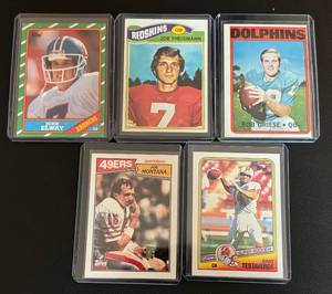 lot 93A image: 5 Card HOF Star QB Lot - 1972 Griese, 1977 Theisman, 1986 Elway, 1987 Montana, 1988 Testaverde RC Football Cards