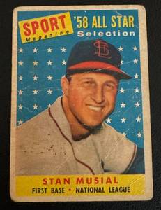 lot 44B image: Stan Musial 1958 Topps #476 Sport Magazine All-Star Vintage Baseball Card