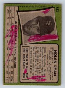 lot 13A image: Nolan Ryan 1971 Topps #513 Vintage Baseball Card - back is colored on