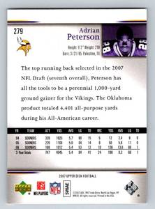 lot 49A image: Adrian Peterson RC 2007 Upper Deck Star Rookie #279 Minnesota Vikings Football Card