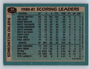 lot 76A image: Wayne Gretzky Edmonton Oilers Scoring Leaders 1981 Topps #52 Vintage Hockey Card