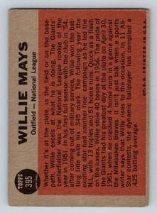 lot 8D image: Willie Mays 1962 Topps #395 Sporting News All-Star Vintage Baseball Card